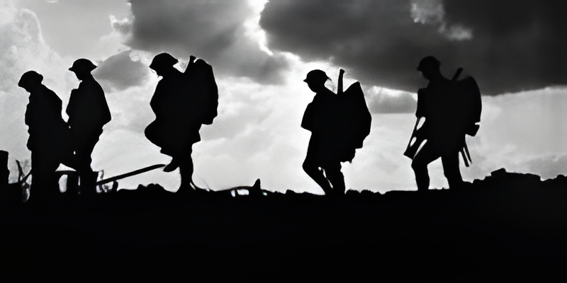 Silhouettes of World War I soldiers marching against a stormy sky